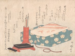 Writing Set and Poem Card Box (Shikishi-bako), from Spring Rain Surimono Album (Har..., ca. 1805-10. Creator: Shinsai.