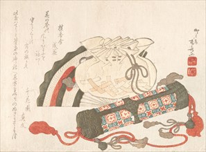 Fan, Bag and Incense-Tube, 19th century., 19th century. Creator: Shinsai.