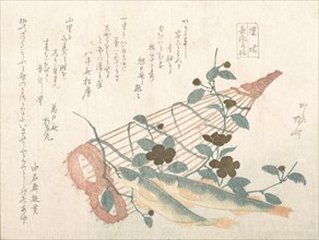 Sweet Fishes of the Nagara River, with Baskets and Flowers, 19th century., 19th century. Creator: Shinsai.