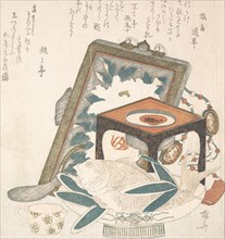 Framed Painting, Small Stand with a Wine Cup and a Dish with a Fish, 19th century., 19th century. Creator: Shinsai.