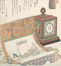 Table-Clock and Kakemono of a Treasure Boat, 19th century., 19th century. Creator: Shinsai.