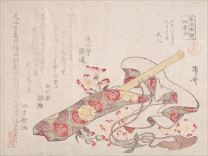 Shakuhachi, (a kind of bamboo flute), with Its Cover and Cherry Flowers, 19th century., 19th century Creator: Shinsai.