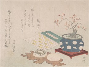 Bonsai Plum, Compass, and Pocket Sundial with Design of Calendar, from Spring Rain Surimon..., 1806. Creator: Shinsai.