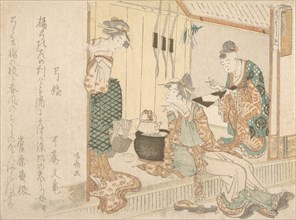 Two Young Ladies Having Tea Attended by Elderly Servant. Creator: Shinsai.