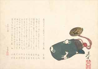 Inro Partly in a Green Bag with Pattern of White Foxes, 1862 (Dog Year)., 1862 (Dog Year). Creator: Shibata Zeshin.