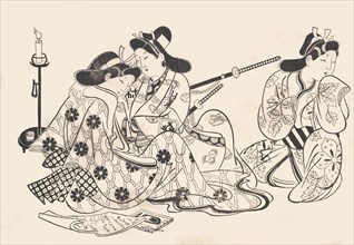 Samurai and Courtesan Seated; A Servant Beside Them, ca. 1685., ca. 1685. Creator: Sugimura Jihei.