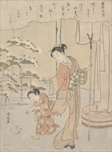 Poem by Fujiwara no Motozane (ca. 860) from the Series Thirty-Six Poets, ca. 1768., ca. 1768. Creator: Suzuki Harunobu.