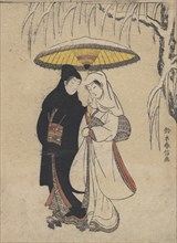 Young Lovers Walking Together under an Umbrella in a Snow Storm (Crow and Heron), ca. ..., ca. 1769. Creator: Suzuki Harunobu.