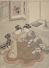 Two Young Women Seated by a Kotatsu Playing Cat's Cradle, ca. 1765., ca. 1765. Creator: Suzuki Harunobu.