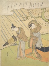 Young Man and Woman Caught in the Rain while Enjoying Cherry Blossoms (Sakura-gari)..., ca. 1768-70. Creator: Suzuki Harunobu.
