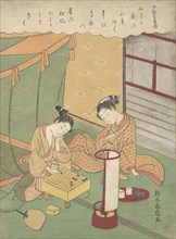 A Young Woman and Man Playing Shogi (Japanese Chess); Chunagon Kanesuke, from a ser..., ca. 1767-69. Creator: Suzuki Harunobu.