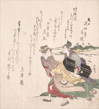 Geisha Girl Hurrying with a Maid Servant Who is Carrying a Shamisen Box. Creator: Hokuba.