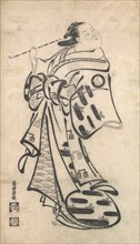 An Oiran Standing, a Pipe in Her right Hand, and Turning to Look Behind over Her Shoul..., ca. 1705. Creator: Torii Kiyomasu I.