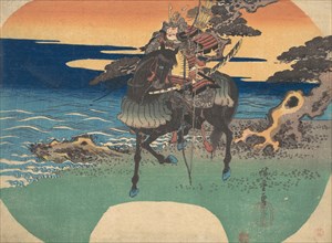 Warrior Riding Black Horse along the Sea Shore, ca. 1835., ca. 1835. Creator: Ando Hiroshige.