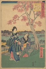 Plum-blossom viewing in the third month at Sumida River from the series Annual Events at F..., 1854. Creator: Ando Hiroshige.
