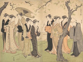 Group of Six Geisha Under the Cherry Trees on Gotenyama, ca. 1785.