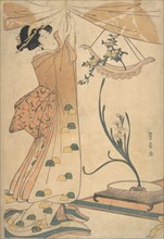 A Woman Tying up a Curtain, a Flower Arrangement of Chrysanthemums in a Boat-shaped Hanging Vase, and Narcissus Arranged in a Flower Vase, ca. 1805.