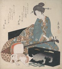 Woman Tuning a Shamisen and a Cat Looking at its Own Reflection , mid- 1820s.