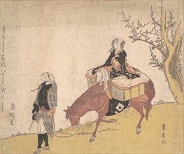 Version of Legend of Michizane: woman riding horse which a man is leading.