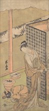 An Oiran in Night Attire, pausing, with one Hand on the Screen that Surrounds Her Bed, ca. 1770.