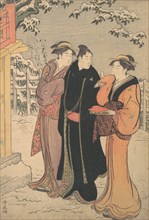 Man in a Black Haori (Coat) and Two Women Approaching a Temple.