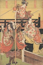 On a Balcony a Woman is Seated Playing a Tsuzumi, below a Man in Daimyo Costume is Seated upon a Black Lacquer Box, ca. 1790.