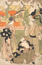 Theatrical Scene, with Musicians. [Onoe Matsusuke I as an Oiran Stands at the Left, Talking to Nakamura Nakazo I as a Samurai, ca. 1788.]