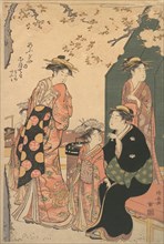 Portrait of the Courtesan Nioteru of the Ogiya, with Her Two Attendants Namiji and Ao-mi, ca. 1785.