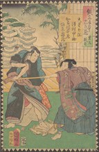 Act IX (Dai kudanme): Actors Sawamura Tanosuke III as Oboshi Rikiya and Bando Kamezo I as Kakogawa Honzo, from the series The Storehouse of Loyal Retainers, a Primer (Kanadehon chushingura), 1862 (Bun...