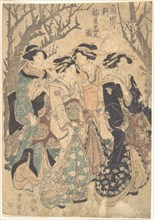 Four Women Passing a Group of Trees.
