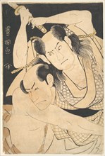 The Actors Sawamura Sojuro III holding Sword Aloft, and Arashi Shichigoro III as Fighting Heroes, ca. 1798.