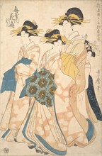 The Oiran Hanaogi of Ogiya attended by Two Shinzo and Her Kamuro Yoshino, ca. 1806.