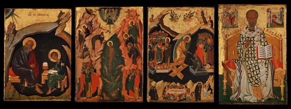 Four Icons from a Pair of Doors (Panels), possibly part of a Polyptych: John the Theologian and Prochoros, the Baptism (Epiphany), Harrowing of Hell (Anastasis), and Saint Nicholas, Byzantine, early 1...