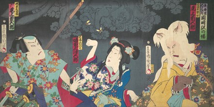 Onoe Kikugoro V as Otowake Neko no ke (Right), Bando Mitsugoro IV as Aisho Michinoku (Center), Onoe Kikugoro V as Isogai Mibunosuke (Left) in the Kabuki play Tokai Kidan Nekomata Yashiki, 1870.