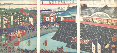 Hideyoshi and His Troops Leaving Nagoya Camp (Mashiba Hideyoshi ko nagoya jin saki te no shosho kuridashi no zu), 19th century.