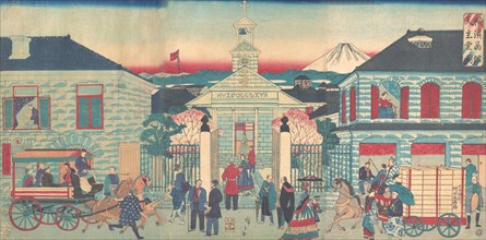 Illustration of Foreign Residences and the Catholic Church in Yokohama (Yokohama shokan tenshudo no zu), 10th month, 1870.