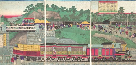 Illustration of a Steam Locomotive Running on the Takanawa Railroad in Tokyo (Tokyo takanawa tetsudo jokisha soko no zu), ca. 1873.