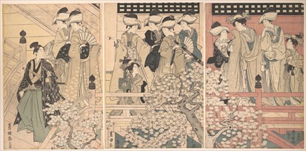 Beauties on a Veranda among Cherry Blossoms from which a Samurai is Departing, ca. 1800.