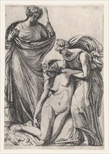 Study supporting the fainting personification of Sculpture; standing next to them, France as a draped woman holding crown and sceptre, 1607-61.