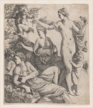 Venus, standing with the three Graces, is offered a flower from a putto, 1607-61.