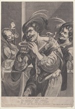 Man drinking soup while two people watch him, 1624-75.