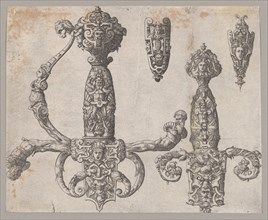 Sheet with Four Designs for Relief Decorations on Arms: Two Large Hilts for a Sword and a Dagger, and the Ornaments for the Tips of the Sheaths, ca. 1550-60.