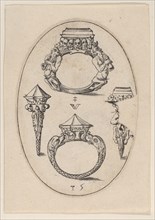 Designs for Four Rings, Plate 35 from 'Livre d'Aneaux d'Orfevrerie', 1561.