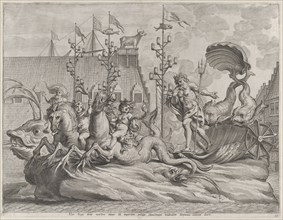 Plate 35: Philip of Spain as Neptune, riding in a chariot drawn by two sea horses; from Guillielmus Becanus's 'Serenissimi Principis Ferdinandi, Hispaniarum Infantis...', 1636.