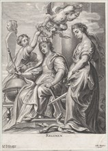 Allegory of Good Government, seated at center and being crowned by a putto and a woman at left, Justice standing atop a hydra at right, ca. 1640-74.