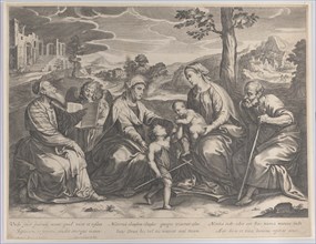 The Holy Family at right, with the infant Saint John the Baptist, Elizabeth, Zacharias, and an angel at left, 1631-37.