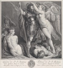 Hero crowned by Victory, who places a laurel wreath on his head, Venus and Cupid at left, Envy at left in the background, Silenus on the ground, under the hero's foot, ca. 1735-61.