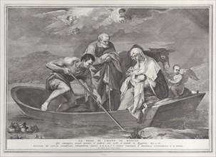 The flight into Egypt, with the Holy Family in a boat, 1730-50.