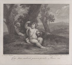 The infant Bacchus seated under a tree, holding up a wine glass, with another infant behind him at left, 1780.