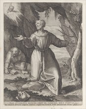 Saint Francis kneeling with his arms outstretched, looking towards a cherub at upper left, 1599.